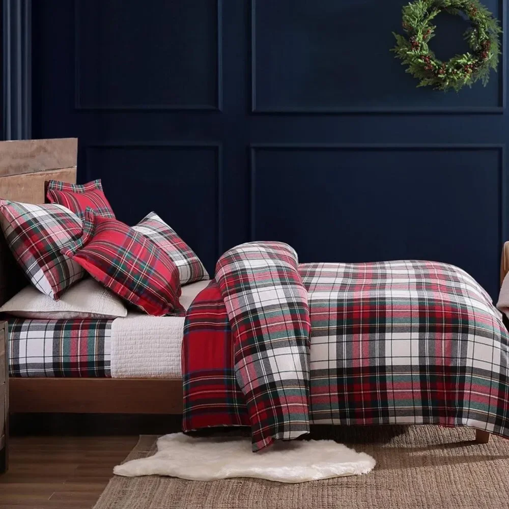 PB Style Queen Duvet Set Plaid Christmas Reversible Red & White 3 Piece NWT